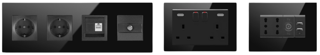 EAE Mona glass socket frame in black with up to 5-gang options
