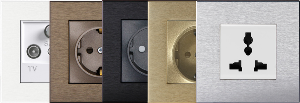 EAE ROSA socket frames in brushed metal and glass finishes with up to 5-gang options